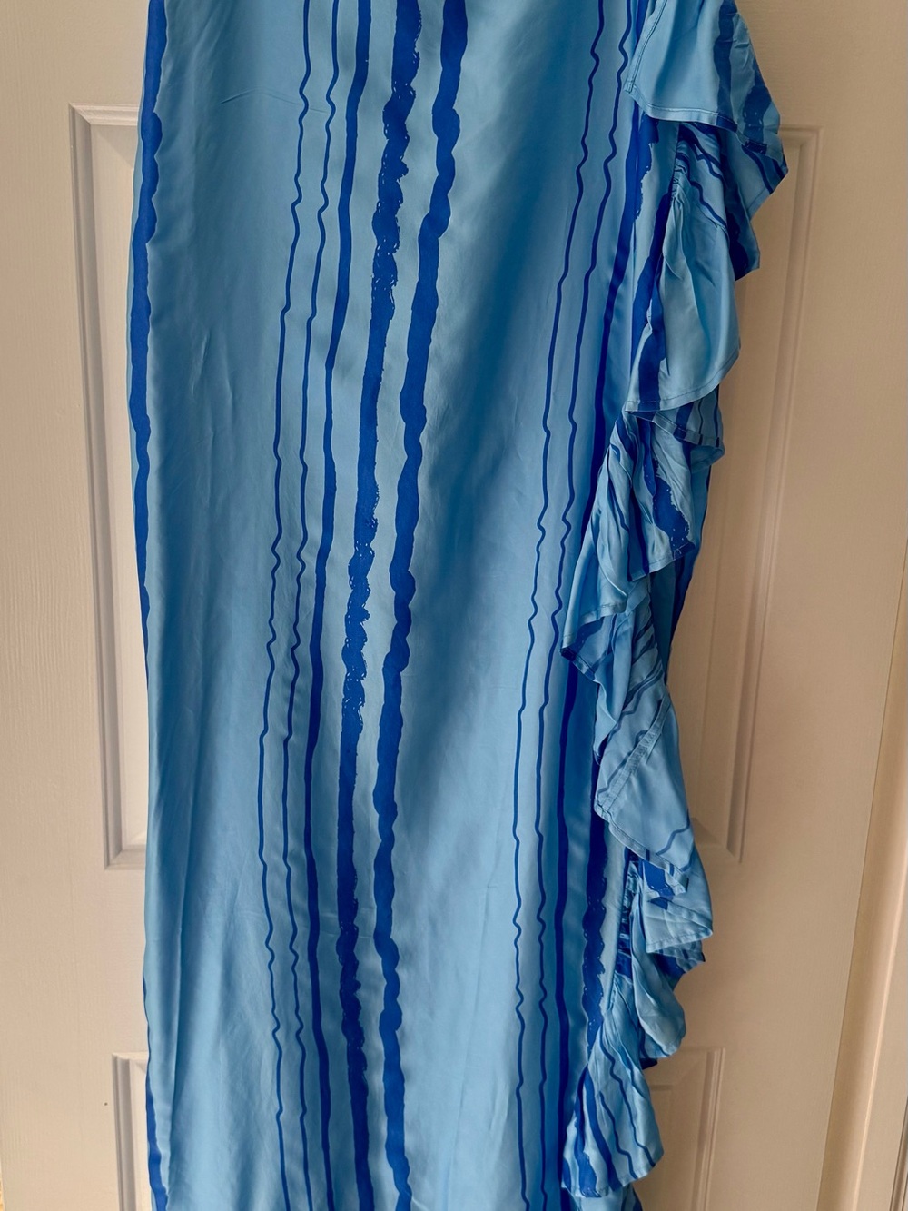 Coniglio Palm Beach Silk Sky Blue Ruffle Maxi Dress with Stripe Detail